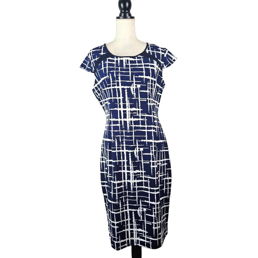 Lunajany Womens Navy & White Abstract Print Sheath Dress Scoop Neck Size Large